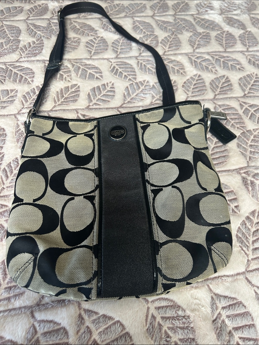 Used Coach Black and grey Signature Crossbody Shoulder Bag with free coin purse